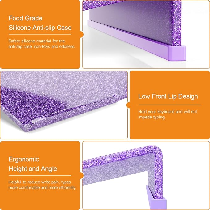 BEEGO Ergonomic Computer Keyboard Stand - Glitter Purple Acrylic Keyboard Riser Tilted Keyboard Holder Keyboard Tray with Purple Non-Slip Strip for Easy Typing at Home School Office Desk Accessories