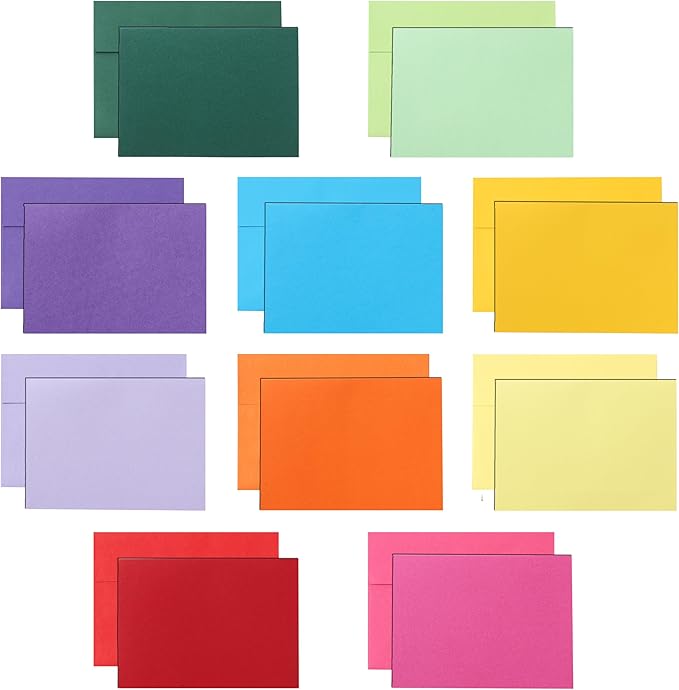 Silunkia 100 Packs 10 Assorted Colors Blank Note Cards and Envelopes 4.25 x 5.5 Heavyweight Single Panel Cardstock and A2 Envelopes Printable Self Seal for Wedding, Invitations, Thank You Cards