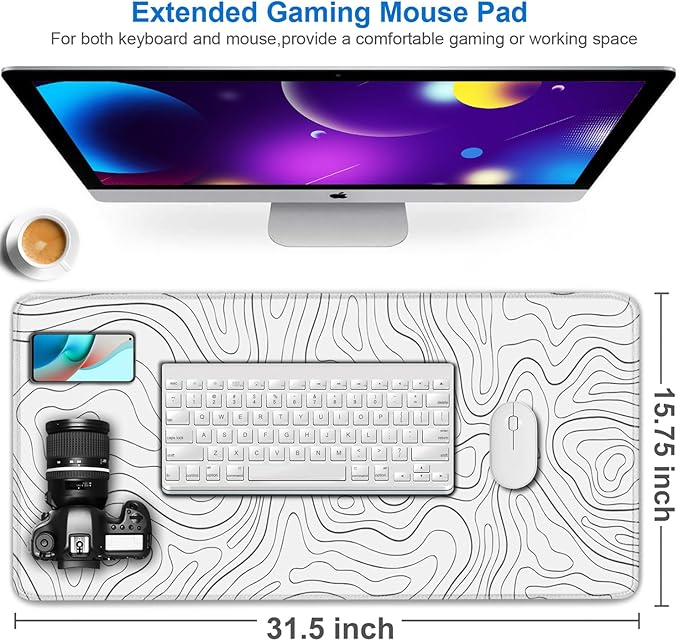 Extended Mouse Pad, 31.5x15.7 inch Large Gaming Computer Keyboard Mouse Mat, Water Resist Non-Slip Mousepad Rubber Base Long XXL Desk Mouse Pad for Work & Gaming, Office & Home, White Black Lines