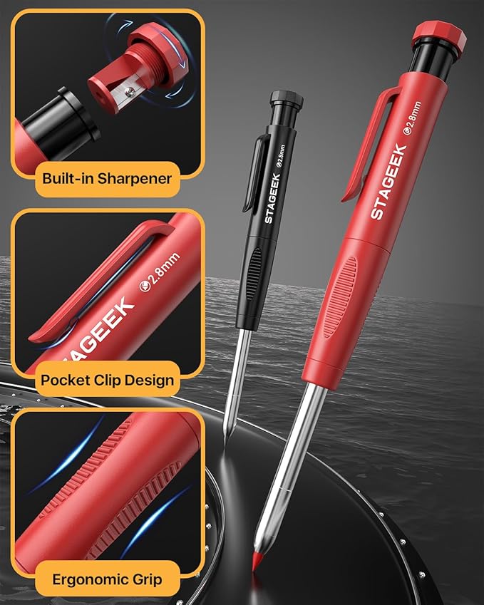 STAGEEK Carpenter Pencils Set with Sharpener, Heavy Duty Woodworking Tools with 13 Refills (Red, Black, Yellow), Construction Pencil and Deep Hole Long Nib Marker Pen for Architect Marking with Case