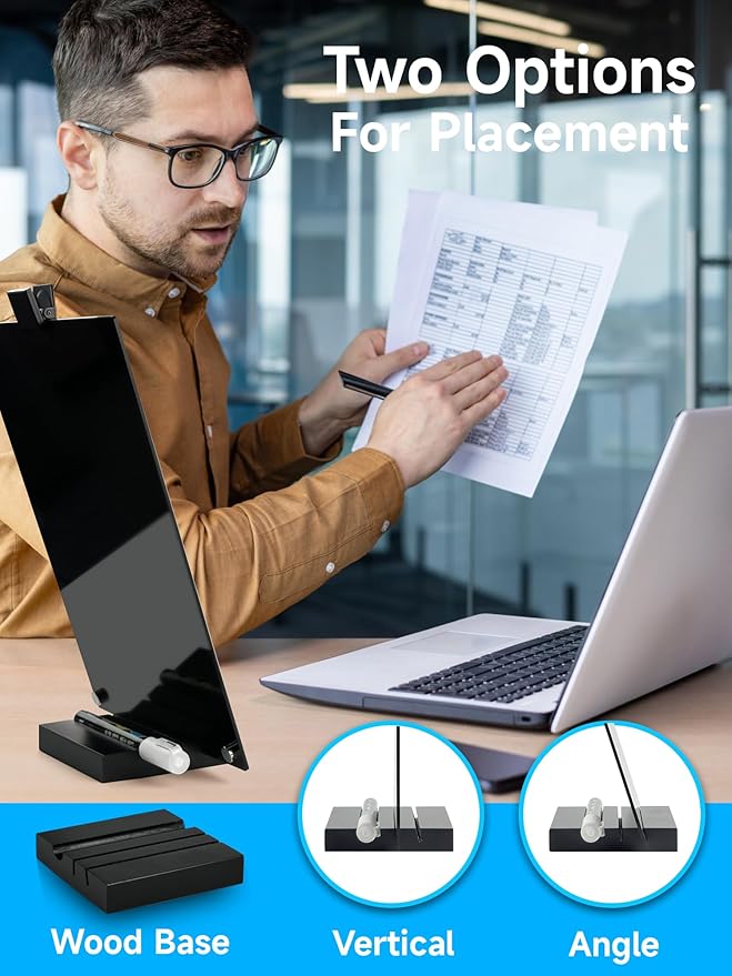Kivsty Acrylic Black Dry Erase Board with Stand - 12” x 8” Small Desktop Whiteboard with Marker, Reusable Desk Blackboard, to-Do List, Planner, Memo Clipboard, Menu Board for Office, Home, Bar