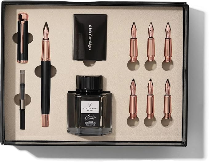 Ellington Pens Luxury Calligraphy Set - Premium Fountain Pen with 6 Nibs, 50 ml Black Ink Bottle, 6 Cartridges, Converter, Elegant Gift Box – Perfect for Drawing, Writing, Gifting (Midnight Rose)