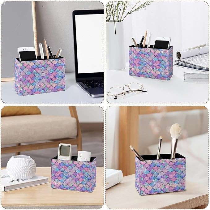 Famame Pastel Mermaid Scale Pencil Holder for Desk, Leather Desktop Container Pen Cup Storage Study Table Pen Organizer Makeup Brushes Holder for Office Home