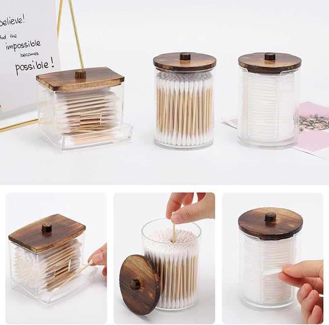 Tbestmax Bathroom Organizer Accessories Set-10 OZ Qtips Holder Storage with Wood Lids, Cotton Ball/Swabs Dispenser, Apothecary Container Jar 3 Pcs