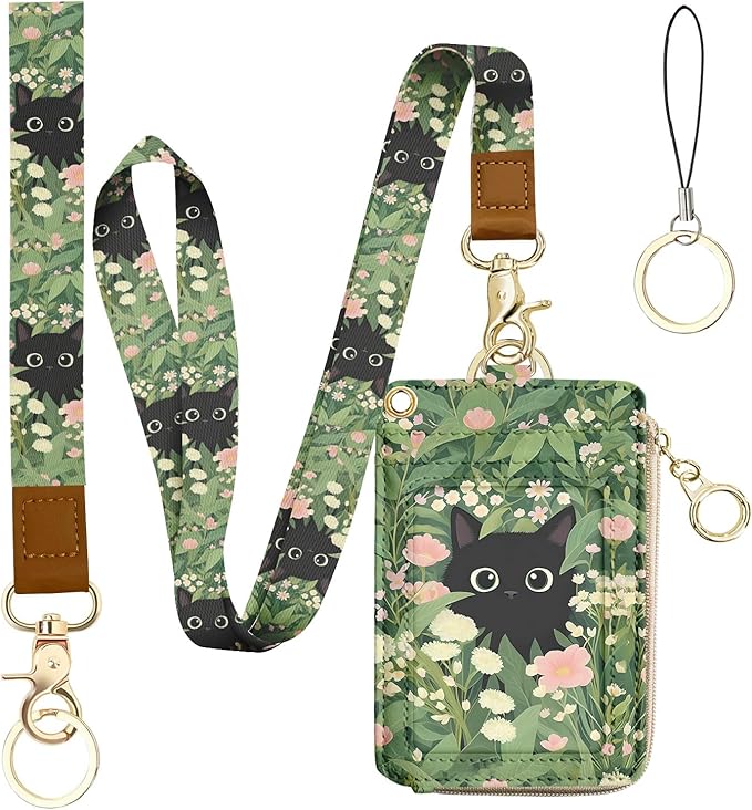 bolimoss Black Cat Lanyard Wallet with Id Badge Holder, Cute Flower Zippered Coin Pouch Credit Card Holder, Women Small Wallet with Removable Wristlet & Neck Lanyard, 5 Card Slots, Ring Keychain