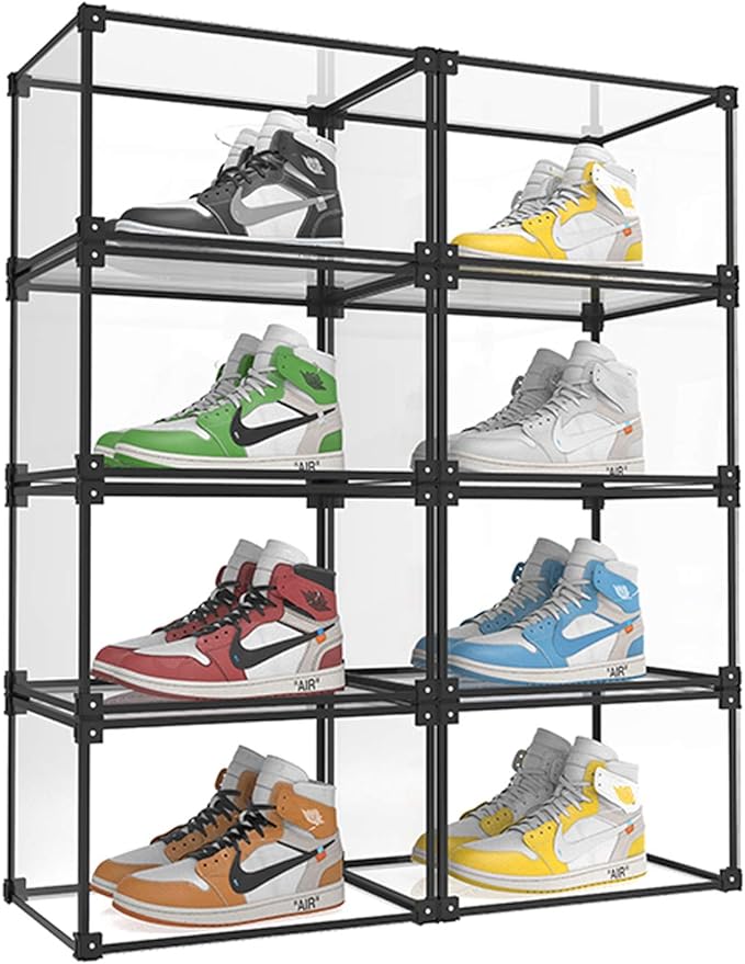 KOKOIN Magnetic Side Open Transparent Plastic Storage Shoe Box Clear Shoe Display Case Sneaker Shoe Storage Box Display Box Shoe Container Clear Closet Shelf Shoe Organizer (Black 8PC)