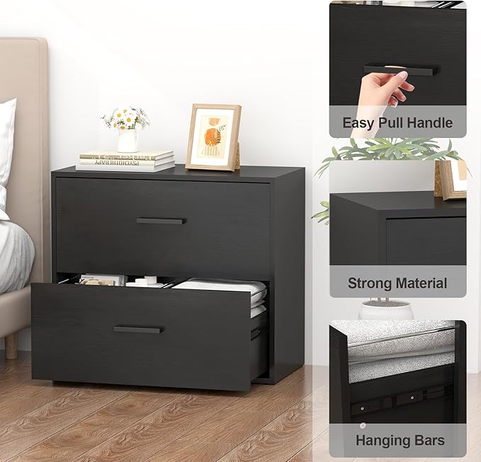 FATIGOS Lateral File Cabinet, Wood Black File Cabinet with Hanging Bars for Letters, Horizontal File Cabinets for Home Office, Black