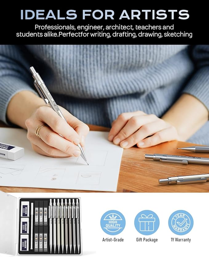 Nicpro 8 Pack 0.5mm & 0.7mm Metal Mechanical Pencil Set, MB1000 Lead Drafting Pencil for Artist Writing, Sketching, Drawing with 6 Tubes HB Lead Refills, 3PCS 4B Eraser, 9PCS Cap Eraser - With Case