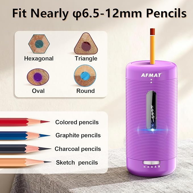 AFMAT Electric Pencil Sharpener, Fully Automatic Pencil Sharpener, Auto in & Out, Rechargeable Hands-Free Sharpeners for Jumbo & Colored Pencils (6.5-12mm), Portable for Home/Classroom/Office PSC2