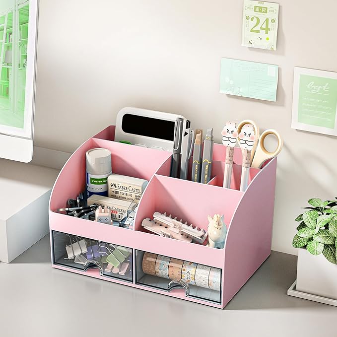 COMFYROOM Desk Organizer with 6 Compartments and 2 Drawers, Plastic Makeup Organizer, Pen Holder for Desktop Storage, Desk Organization for School, Home, Office Supplies (Pink)
