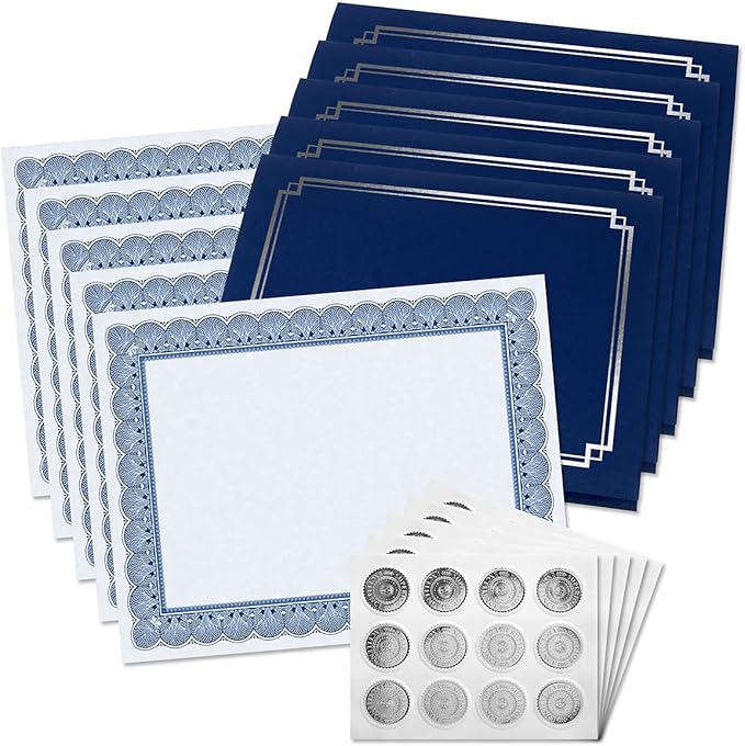 Fine Stationery Classic Elite Award Certificate Collection - Includes 25 Certificate Papers (White/Blue), 25 Heavy Linen Folders (Blue/Silver), 25 Silver Foil Seals, Laser & Inkjet Printer Compatible