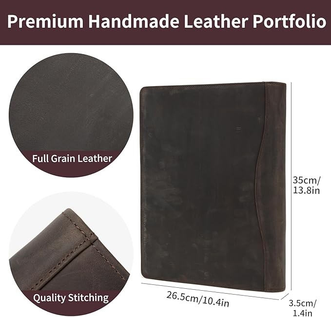 Geslun Genuine Leather 3 Ring Binder, 8.5 x 11 Letter Size Folio with Pen Holder, Soft Notebook Portfolio Cover, Slim Notepad Padfolio Thin File Organizer for Work Executive Meeting, Dark Khaki
