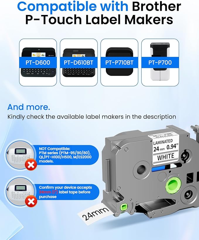 TZe-251 24mm 0.94 Laminated White Tape Replace for Brother Label Maker Tape Aze-251 Compatible with P-Touch Label TZ TZe 1" Black on White for PT-D600 PT-D610BT PT-P710BT PTP700 Refills,4 Pack
