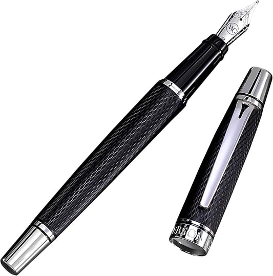 Webson Gill Show Up' Black Luxury Executive Fountain Pen, Woven Lacquer & Chrome, Medium Nib, Smudge Free, No Bleed, Use Any Fountain Ink with Included Converter, Fits Cartridges (sold separately)