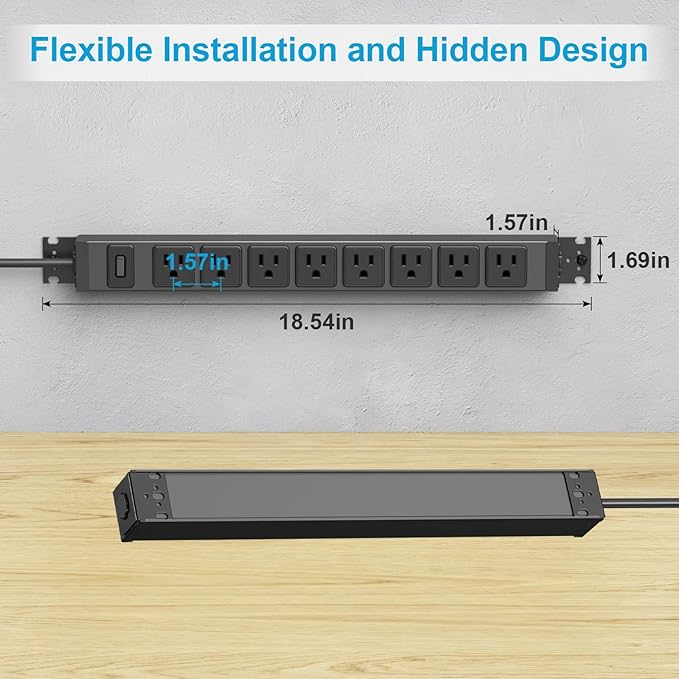 HHSOET Metal 360° Rotating Mountable Power Strip, 8 Outlet Gaming Table Mounted Long Power Strip, Heavy Duty Wall Mount Surge Protector with Switch, 15A 125V 1875W, 6ft Power Cord.(Black)
