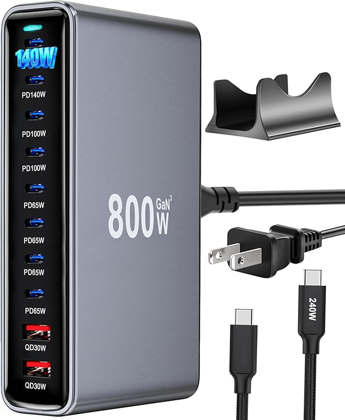 800W USB C Fast Charger Block, Dual PD3.1 140W 10 Port USB Charging Station, GaN Ⅲ Pro PD PPS Fast Charging Station for Multiple Devices,Laptop Wall Charger Compatible with iPhone 17/iPad/MacBook etc