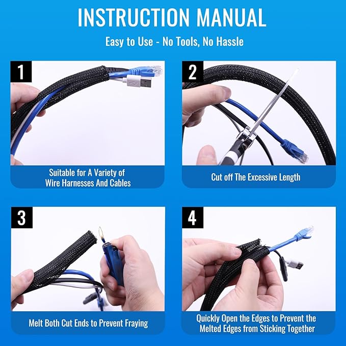Flauzmann 3/8" Braided Cable Sleeve - 10Ft Cat Cord Protector Split Wire Loom Tubing Flexible Self Wrapping for USB, Audio, Automotive Cord, Dog Chew Proof Cable Protector - Black