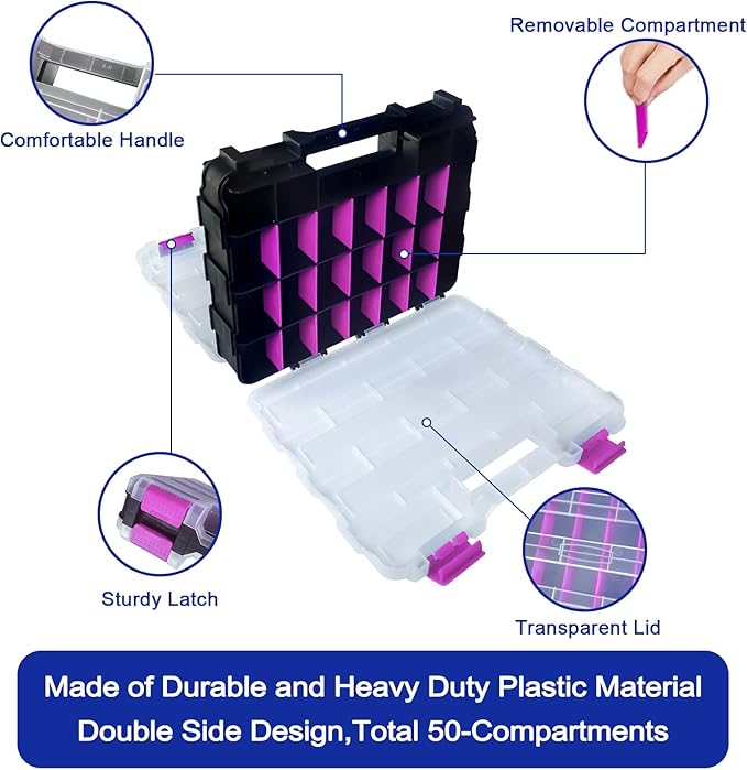 Tools Organizer Box Small Parts Storage Box 50-Compartment Double Side Hardware Organizers with Removable Plastic Dividers for Screws, Nuts, Nails, Bolts, Purple