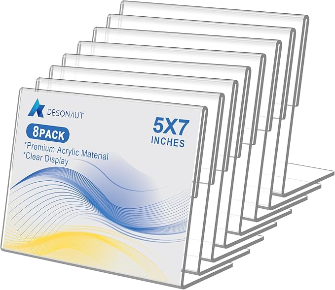 DESONAUT 8 Pack Slanted Back Acrylic Sign Holder 5x7 inches,Clear Tabletop Sign Holder,Acrylic Picture Frames Stands for Display,Plastic Flyer Menu Holder for Office,Home,Restaurant（Horizontal）