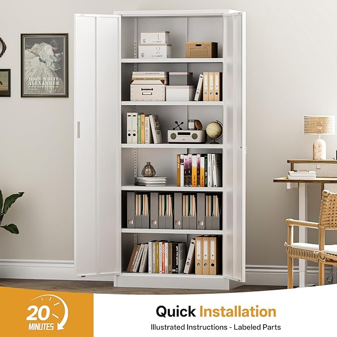 TaskStorz Steel SnapIt Cabinet, 71 Inch Metal Storage Cabinet with Locking Doors and 5 Adjustable Shelves, Garage Cabinet, Tool Cabinets for Office and Home Use (White)