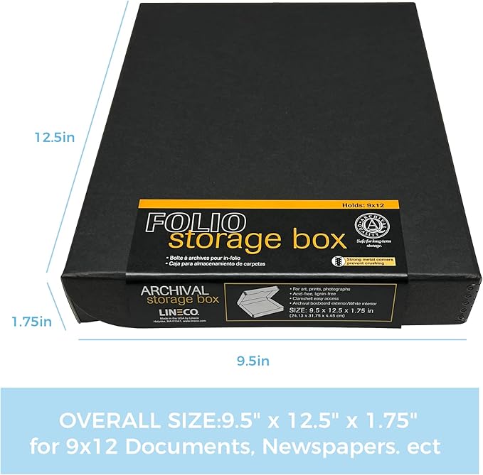Lineco 9x12 Black Clamshell Archival Folio Storage Box, Acid-Free with Metal Edge. Preserves Photos Longevity, Organize Documents, Crafts. (Pack of 2)