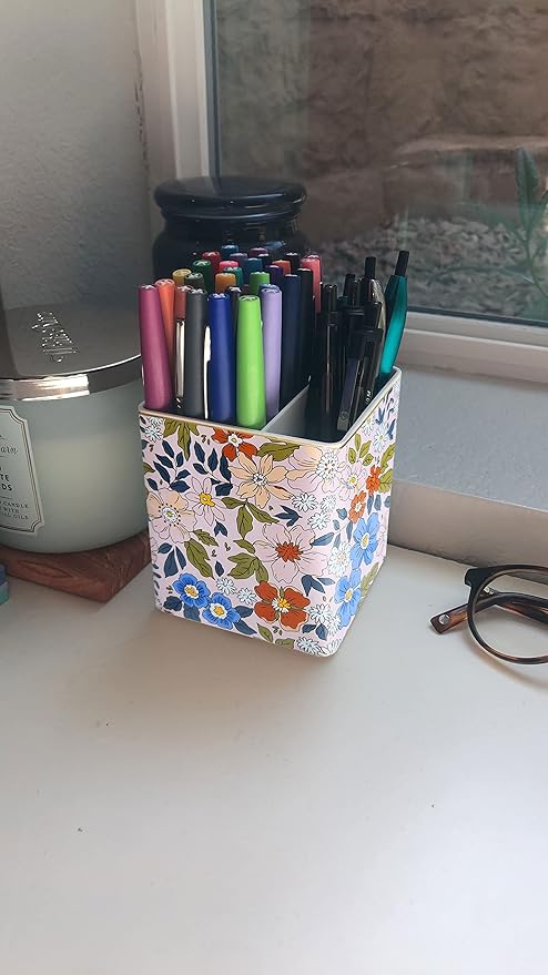LEAZUL Pen Pencil Holder, Makeup Brush Holder,Ceramic Remote Control Holders Organizer with 2 Compartment Floral Multi-functional Office Organizers Storage Caddy Desk Tv Remote Holders Pink Flowers