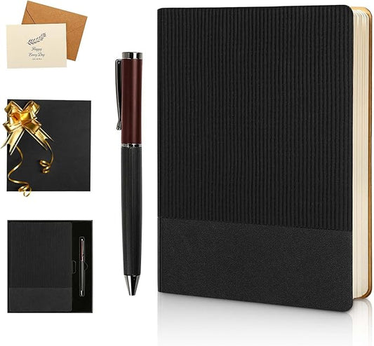 TSFPapier A5 Lined Notebook with Pen & Gift Box 216 Pages PU Leather Journals for Women Men 100GSM Thick Paper College Ruled Notebook for Christmas Gifts,School,Travel,Business,Work,Home Writing (Black)