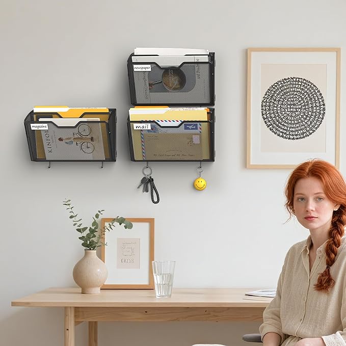 Docnest 2 Tier Mesh Wall File Holders with Hooks – 3 Pack Hanging Letter Holder - Document Organizer for Mail, Paper, Office, Home, School – Space-Saving Wall Mounted Folder Holder – Black