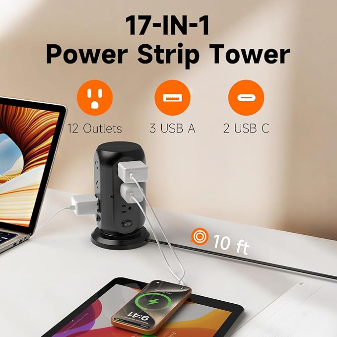 Tower Power Strip with 12 Outlets and 5 USB Ports (2 USB-C), Flat Extension Cord 10 Ft, Surge Protection 1250W Multiple Outlets Charging Station for Home Office Dorm Room