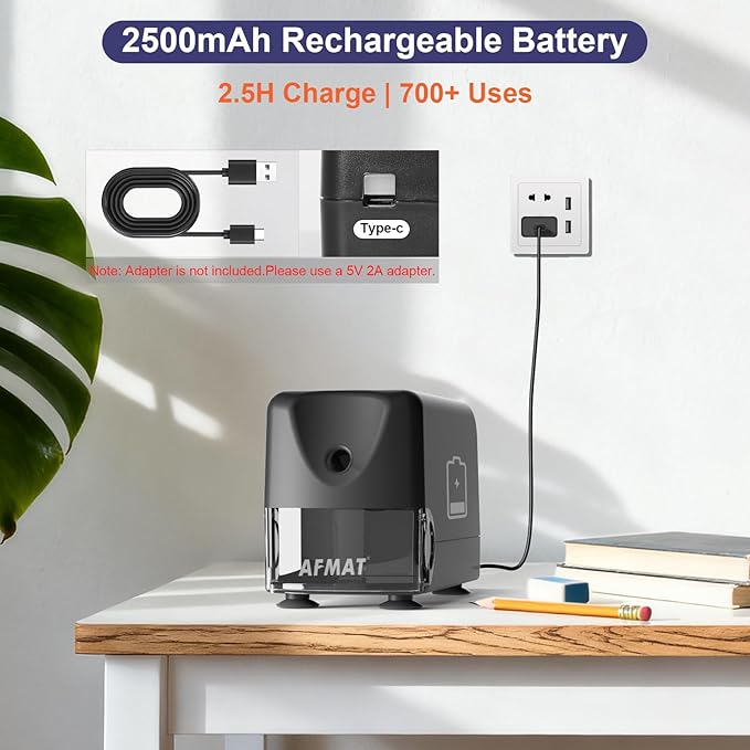 AFMAT Electric Pencil Sharpener, Cordless & Rechargeable, Heavy Duty Classroom Pencil Sharpeners for 6-11mm Pencils, Auto Stop, 2s Fast Sharpening, Battery Powered, 10,000 Sharpenings, PSD3