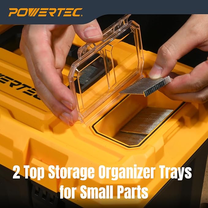 POWERTEC 19-Inch Tool Box with Trays - Lockable, Metal Latch, Organizer, Portable Storage for Tools, Small or Mid-Sized Parts (72362)