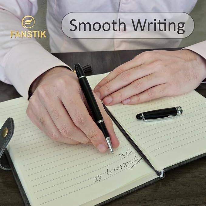 FANSTIK Customized RollerBall pen with name (MADE IN USA), stainless steel, black and silver, luxury engraved pen personalized for men and for women. (RollerBall Black-Silver)