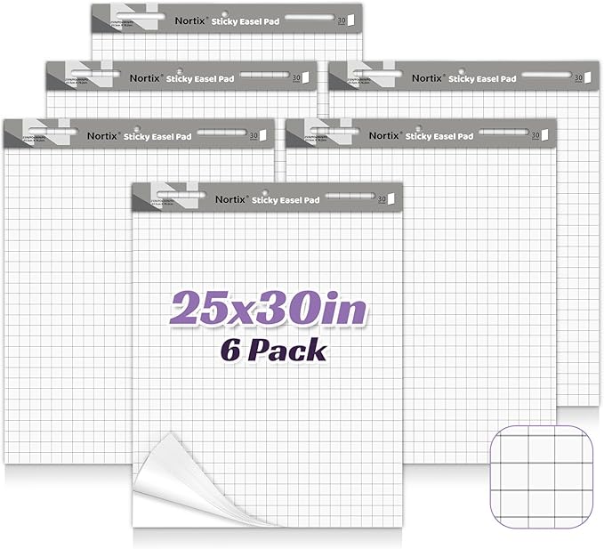 Nortix Sticky Easel Pad, 25x30 Inches Large Self Stick Grid Flip Chart Paper, Upgraded Versatile Sticky Easel Pad with Dry Erase Surface for Meeting/Training/Doodling, 30 Sheets/Pads, 6 Pads