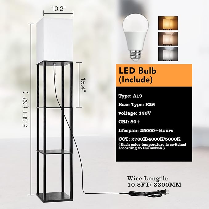 RUNTOP Floor Lamp with Shelves, Shelf Lamp with 3 Color Temperature LED Bulb,Floor-Lamp for Living Room, Modern Tall Standing Display Shelf Floor Lamps for Bedroom, Office (Black)