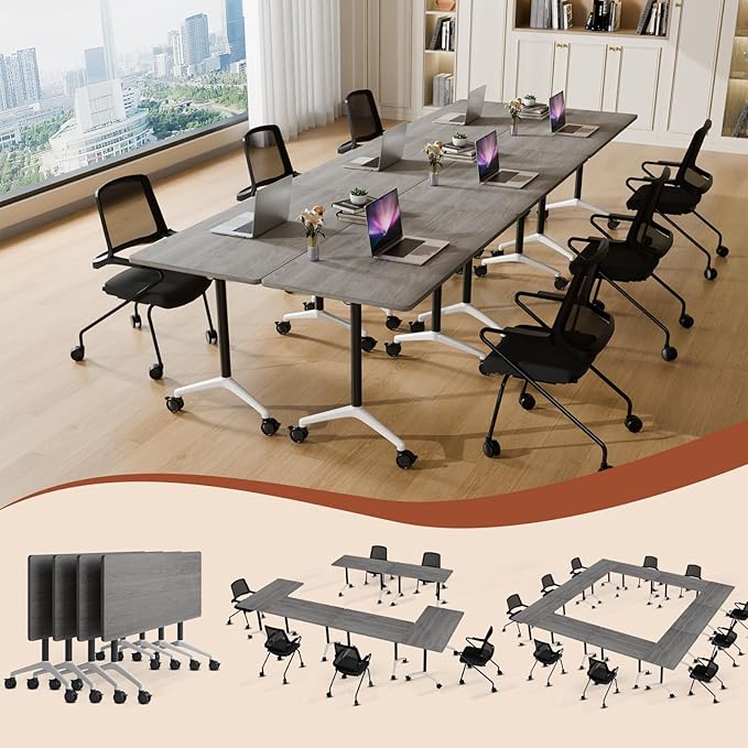 Folding Conference Table 4ft 5ft, Foldable Office Meeting Desk for 6 People, Multiple Sizes Colors Mobile Conference Room Table for Training Room School Business Furniture (2, Grey, 63in)