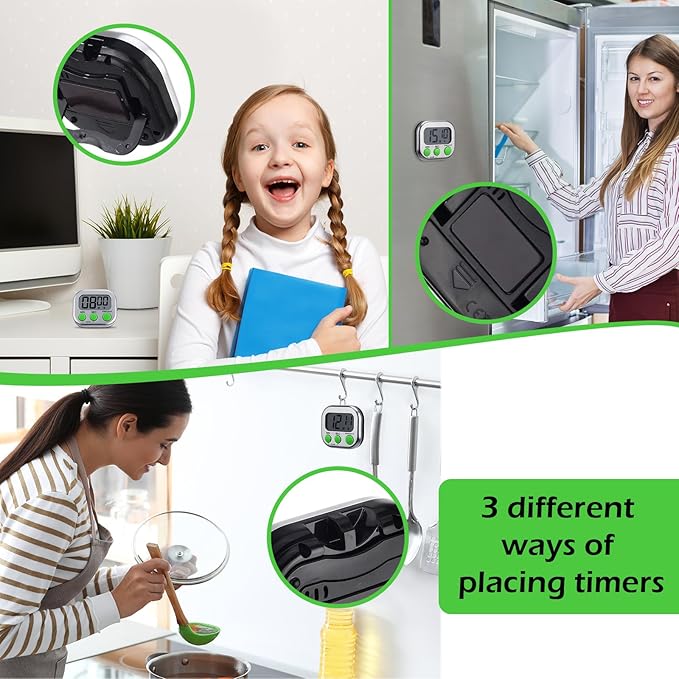 Leumoi 24 Pcs Digital Kitchen Timers Magnetic Back Timers Bulk Large Screen Loud Alarm On/Off Switch Minute Second Count up Countdown Memory Setting for Cooking Classroom Exercise (Sliver and Green)