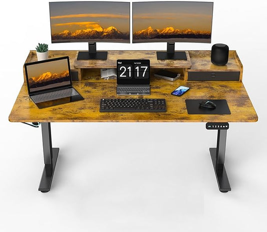 ExaDesk 63 x 30 Inch Electric Standing Desk with 2 Drawers, Adjustable Height Widened Stand Up Desk with Storage, Sit to Stand Ergonomic Workstation for Home Office, Rustic Brown
