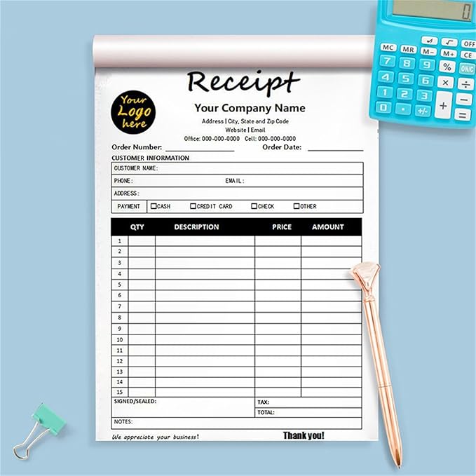 Custom Invoice Book in 3-Part /2-Part Receipt Book with Carbon Copies Personalized Carbonless Service Invoice Form Books Sales Order Book with Company Name Logo Address,D-Receipt Book