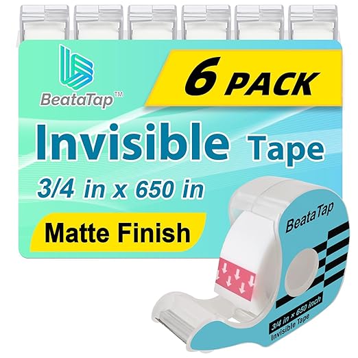 BeataTap Tape, Invisible Tape for Gift Wrapping, 6 Rolls+6 Refillable Dispensers, Matte Finish, Writable, 3/4″x 650″, Clear Tapes for Christmas Wrapping Paper, Office&School Supplies