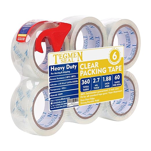 TegmenSeal Heavy Duty Clear Packing Tape with Dispenser Combo for Shipping, Moving & Storage,Thicker Clear Packing Tape, 1.88 inches Wide, 60 Yards Per Roll, 6 Pack 360 Total Yards