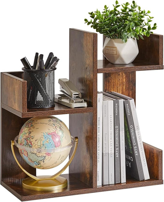 Aibiju Book Display Shelf Small Desk Organizer, Desk Top Storage Organizer, Cookbook Storage Kitchen Counter Shelf, Tabletop Plant Shelf Stand Rustic Brown YD-DSR002H