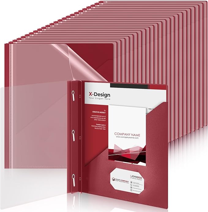 Teling 48 Pcs Clear Front Report Covers with 3 Prongs, Plastic Dark Red Presentation Folders Bulk with 3 Pockets for A4 and Letter Size Paper, 90 Sheet Capacity, Document Covers for School Business