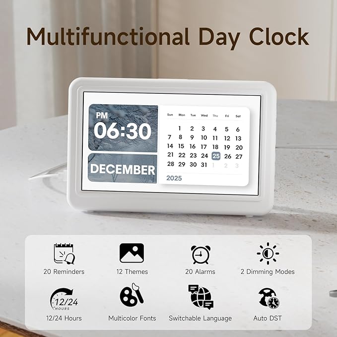 Raynic Date Clock, Digital Clock with 12 Themes, 20 Alarms, 20 Reminders, Semi-Automatic Dimming, 12/24 Hours, Auto DST for Desktop, Office, Students