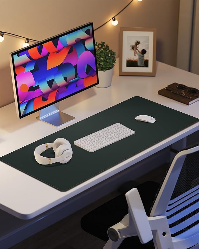 Leather Desk Pad Protector, Green Office Mat, Non-Slip PU Leather Blotter, Laptop Desk Pad, Waterproof Writing Pad (Dark Green, 31.5" x 15.7")