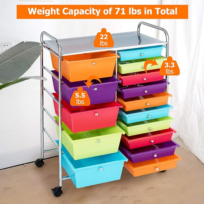 HAPPYGRILL 15-Drawer Rolling Cart, Storage Carts with Removable Drawers & Steel Frame, Utility Cart on Lockable Wheels for Home, School, Office,Multicolorful