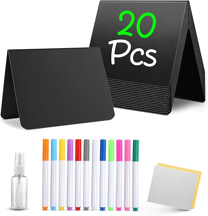 20 Pack Mini chalkboard signs for food, 4”x3” Small Reusable Chalk Board Signs w/Spray Bottle, Food labels for party buffet, Table Signs for Wedding, Name Tags & Bakery w/ 12 Markers & 2 Wiping Cloths