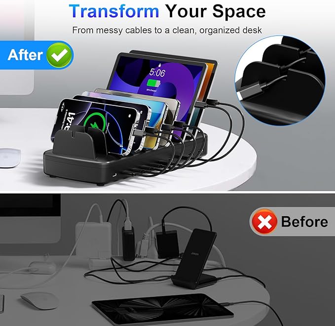510W Fast Charging Station for Multiple Devices, 10 Port USB C Charger Station with Flame-Retardant Material & 8 Cables for iPhone, Android, iPad, Tablets, Family Office Desk Charging Dock Organizer