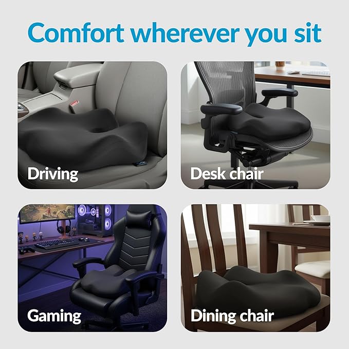 Everlasting Comfort Doctor Recommended Memory Foam Seat Cushion for Office Chairs & Car - Ergonomic Office Desk Accessories - Cushions for Tailbone Pain Relief,Sciatica (Premium Charcoal Black, Large)