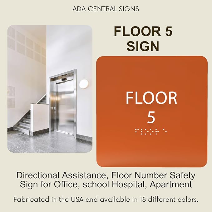 ADA CENTRAL SIGNS - 6" X6" Floor 5 Sign - ADA Compliant Tactile Graphics Grade 2 Braille Text Acrylic Wall Signs - Directional Assistance, Floor Number Safety Sign for Office, school Hospital, Apartment