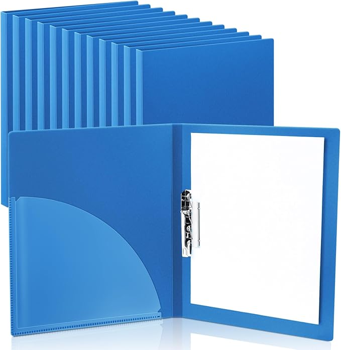 Teling 12 Pack Punchless Clamp Binder Folder 8.5 x 11 Inch Ringless Binder Holds with Pocket, Flexible Metal Clip and Poly Covers, 100 Letter Size Pages, for Work, School(Blue)